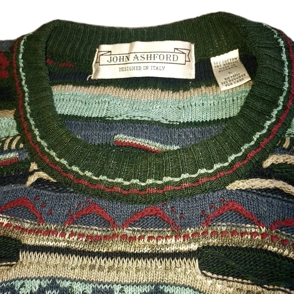 Vintage‎ Coogi Style 3D Knit Sweater Size Large John Ashford Rainbow Multicolor